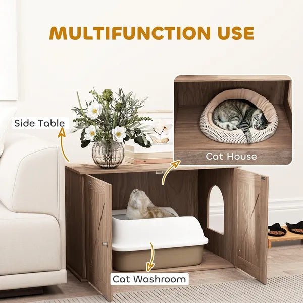 Hidden Cat Litter Box Enclosure with Ventilated Door — Indoor Cat Washroom House (Walnut)