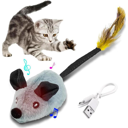 Interactive USB-Rechargeable LED Mouse Toy — Automatic Moving, Chirping & Feather Tail Cat Toy for All Breeds