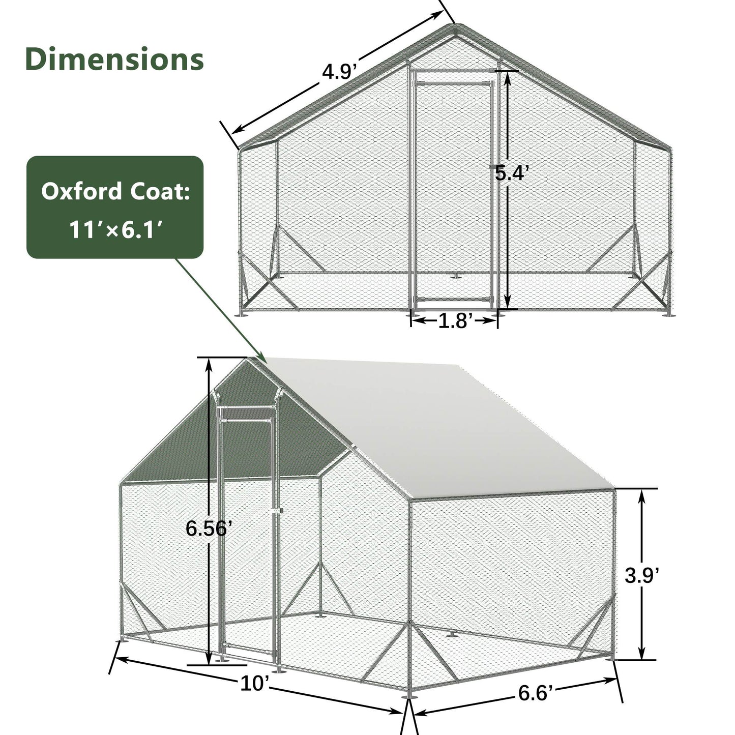 Large Metal Walk-In Chicken Coop & Run with Waterproof UV Cover — Outdoor Poultry / Hen Pen
