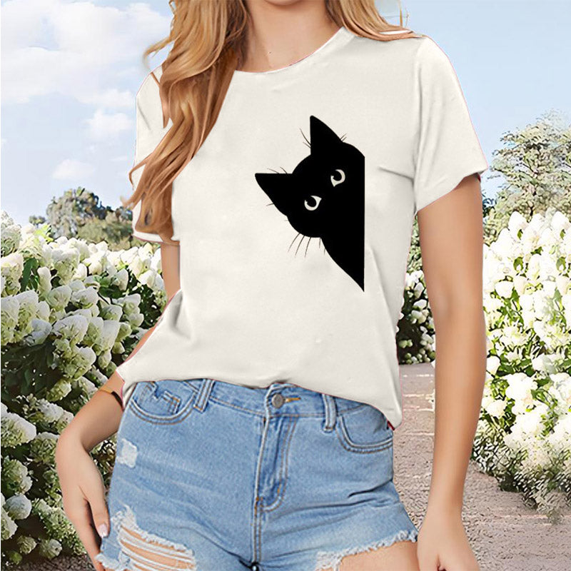Women’s Black Cat-Print Short Sleeve T-Shirt — Cute Casual Round-Neck Tee for Cat Lovers