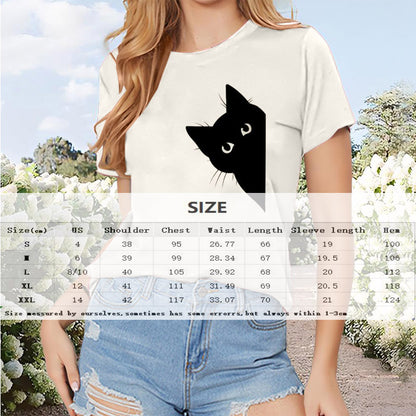 Women’s Black Cat-Print Short Sleeve T-Shirt — Cute Casual Round-Neck Tee for Cat Lovers