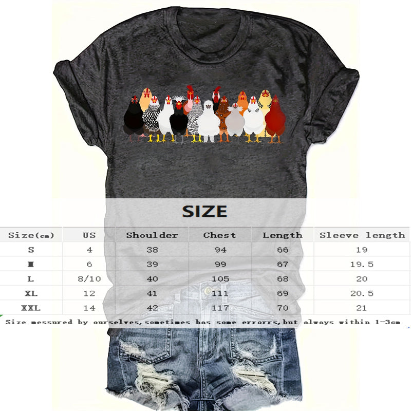 Women's Chicken Breeds Print Round Neck Tee - Fun Casual Summer Top