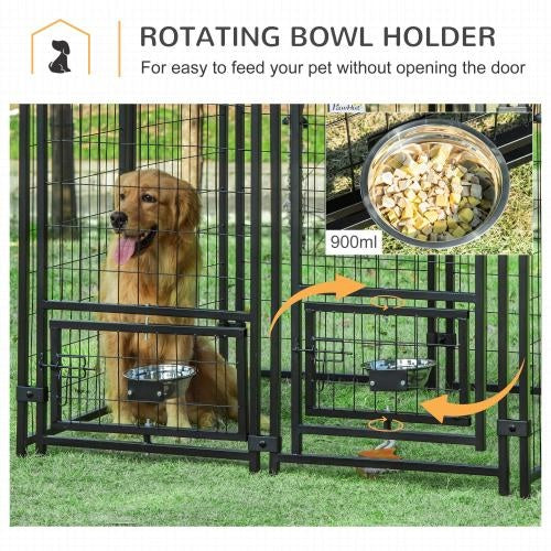 Outdoor Dog Kennel with Rotating Bowl Rack & Waterproof Cover — Secure Pet Run