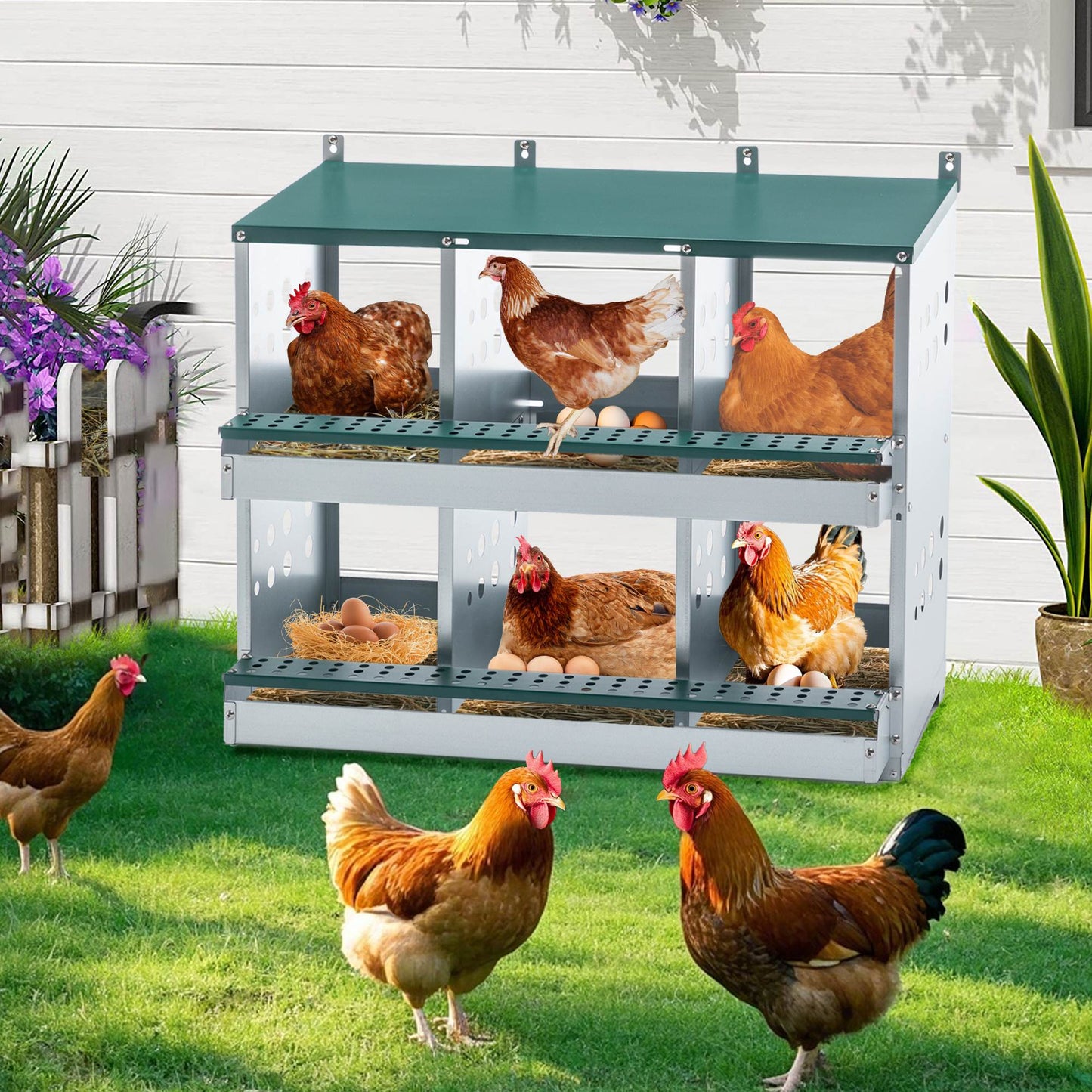 6-Compartment Chicken Nesting Box – Galvanized Poultry Nest Box for Small & Medium Flocks