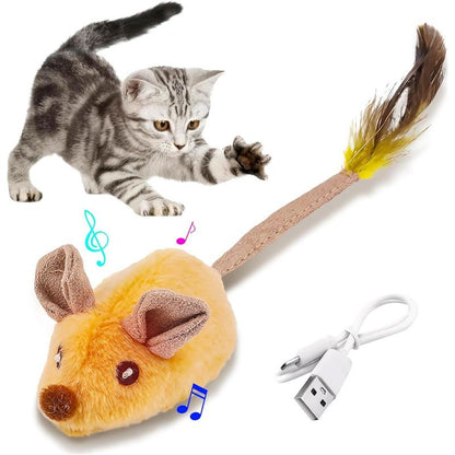 Interactive USB-Rechargeable LED Mouse Toy — Automatic Moving, Chirping & Feather Tail Cat Toy for All Breeds