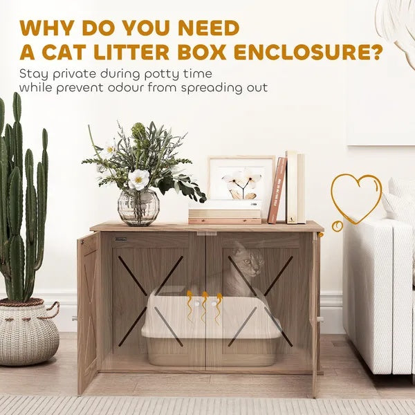 Hidden Cat Litter Box Enclosure with Ventilated Door — Indoor Cat Washroom House (Walnut)