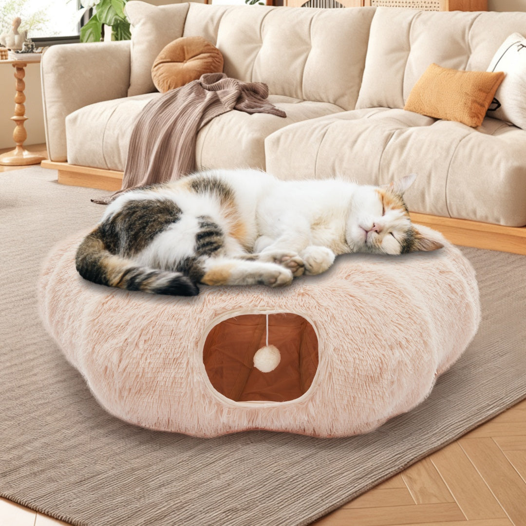 Soft Plush Cat Tunnel & Bed — Indoor Peek-A-Boo Donut Tunnel for Cats