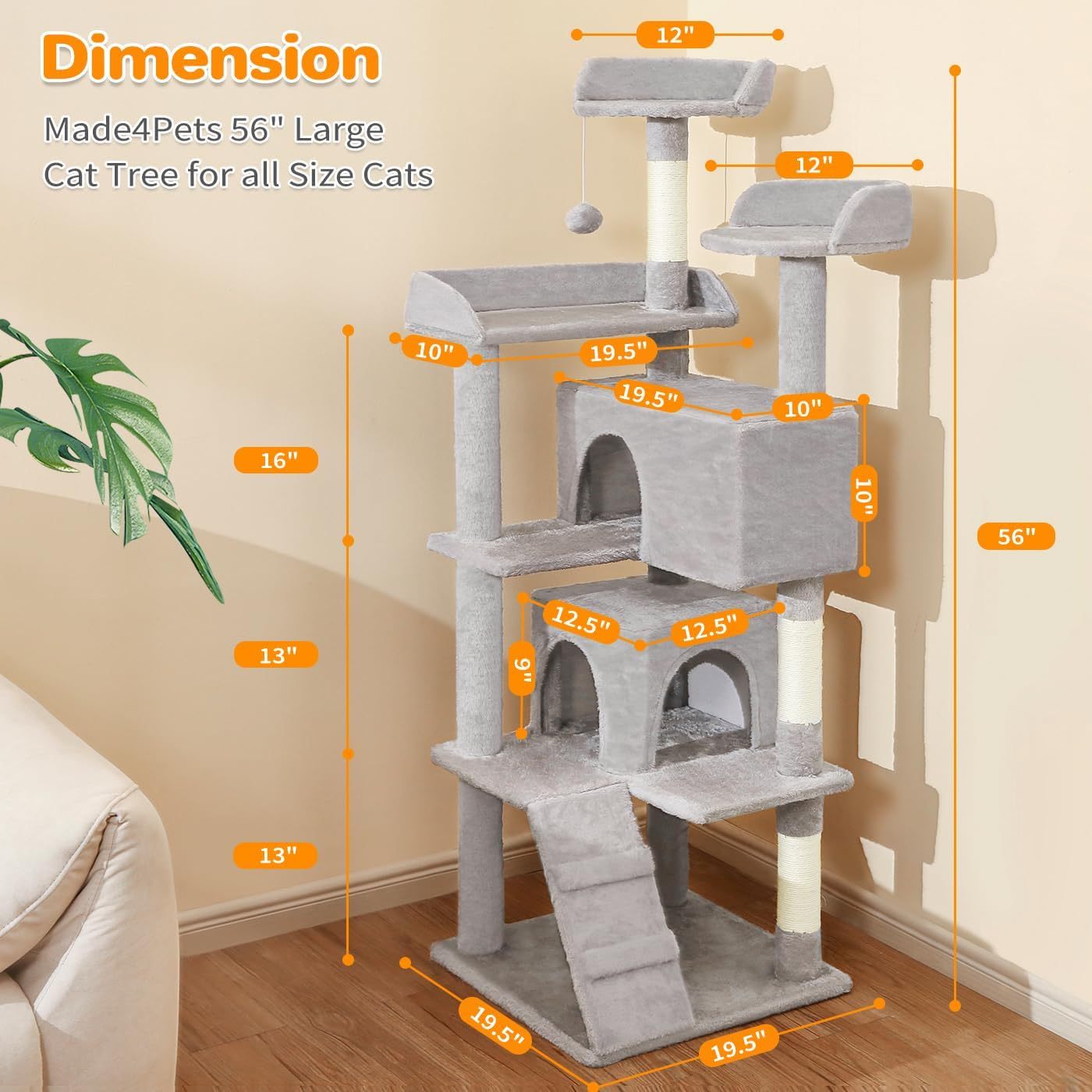 Multi-Level Cat Tree with 2 Cozy Apartments — Indoor Climbing & Play Tower