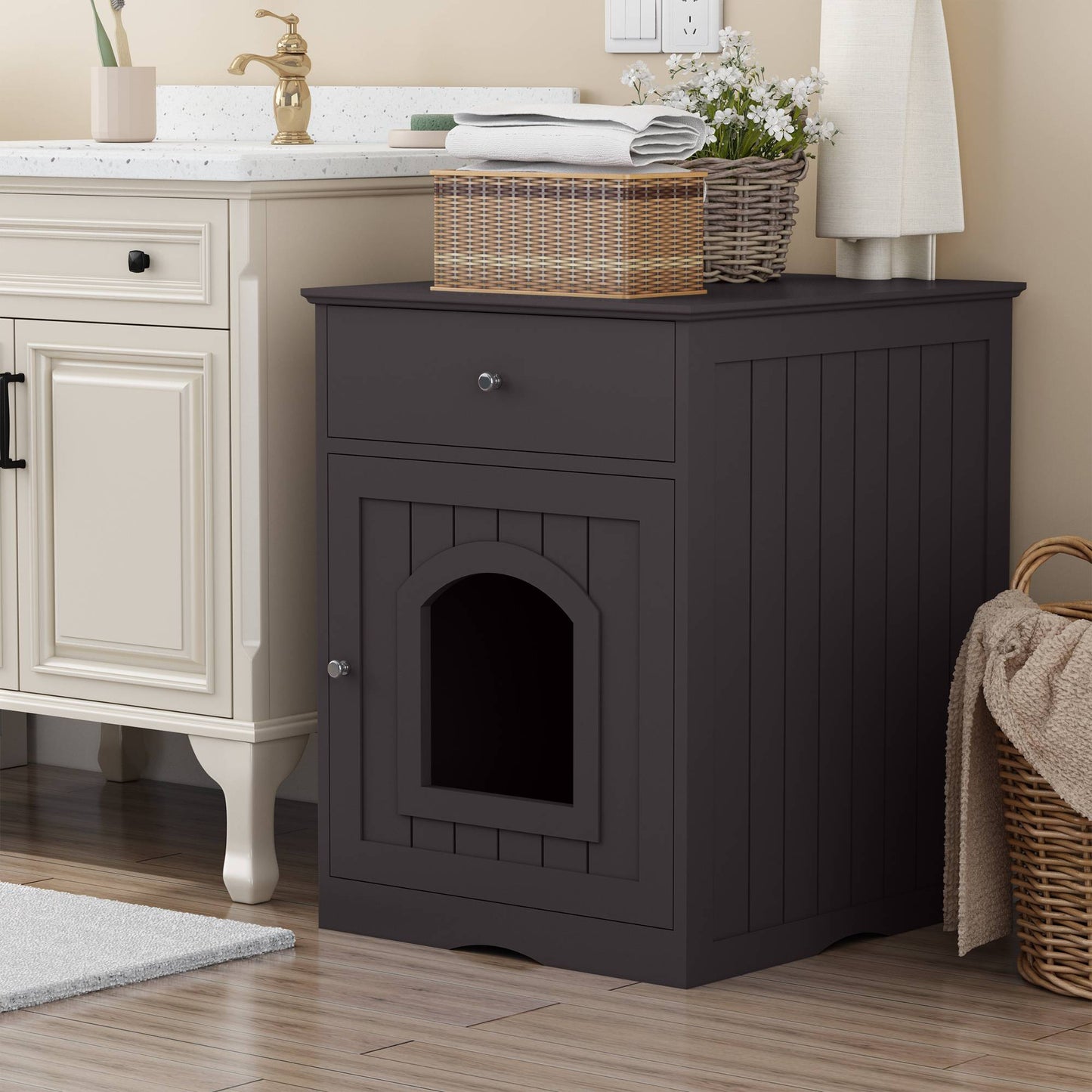 Wooden Pet House & Hidden Litter Box Enclosure with Drawer — Indoor Cat Washroom Cabinet