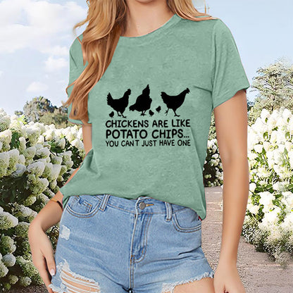 Women’s Round-Neck Chick-Print Short Sleeve T-Shirt — Casual Summer Tee for Pet Lovers