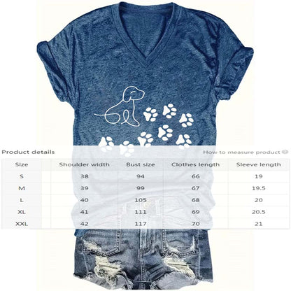 Women’s V-Neck Puppy Paw-Print Short Sleeve T-Shirt — Casual Summer Cotton Tee for Dog Lovers