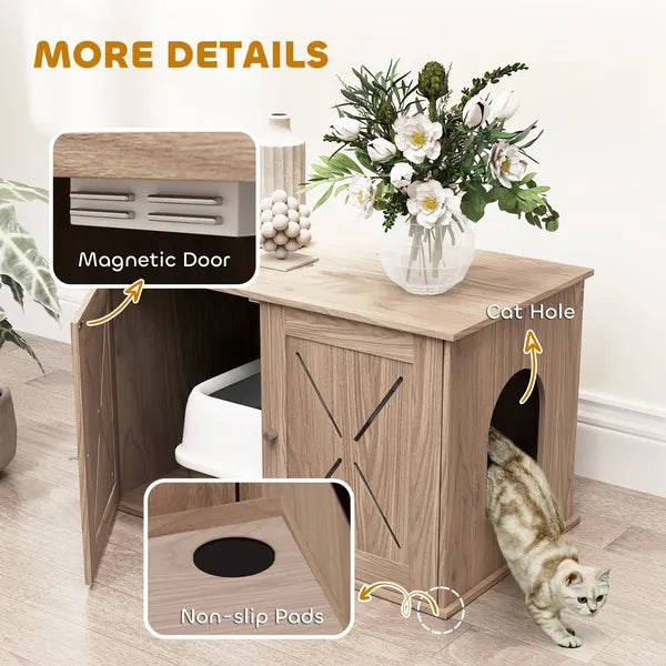 Hidden Cat Litter Box Enclosure with Ventilated Door — Indoor Cat Washroom House (Walnut)
