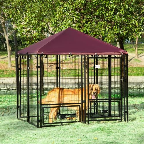 Outdoor Dog Kennel with Rotating Bowl Rack & Waterproof Cover — Secure Pet Run