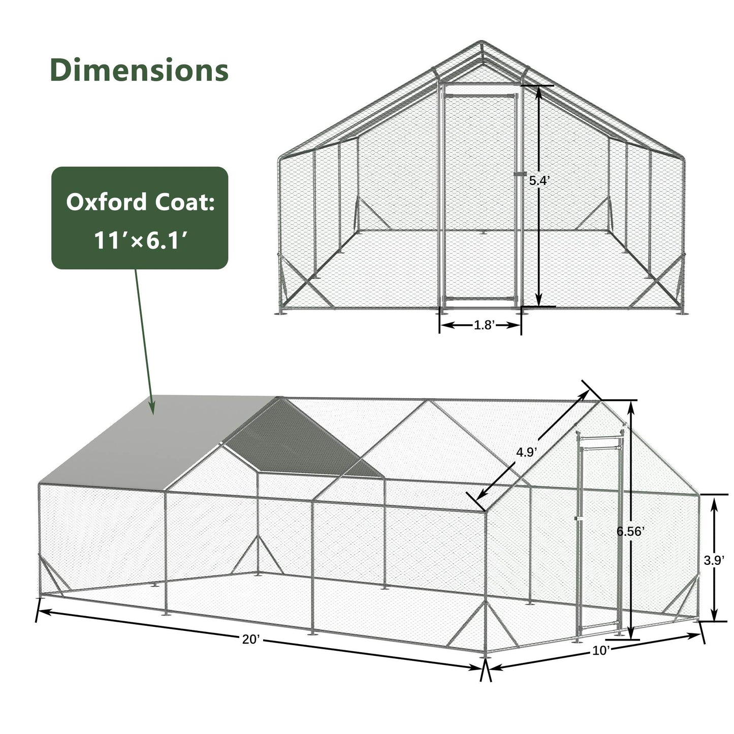 Large Metal Walk-In Chicken Coop & Run with Waterproof UV Cover — Outdoor Poultry / Hen Pen
