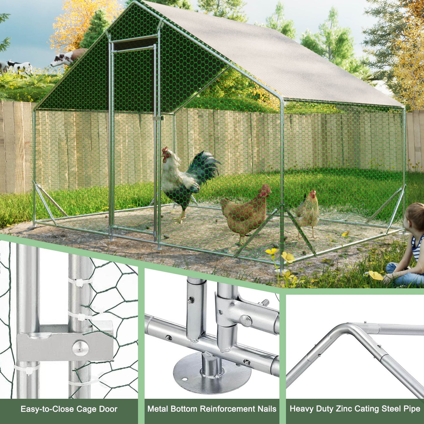 Large Metal Walk-In Chicken Coop & Run with Waterproof UV Cover — Outdoor Poultry / Hen Pen