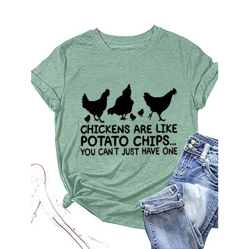 Women’s Round-Neck Chick-Print Short Sleeve T-Shirt — Casual Summer Tee for Pet Lovers
