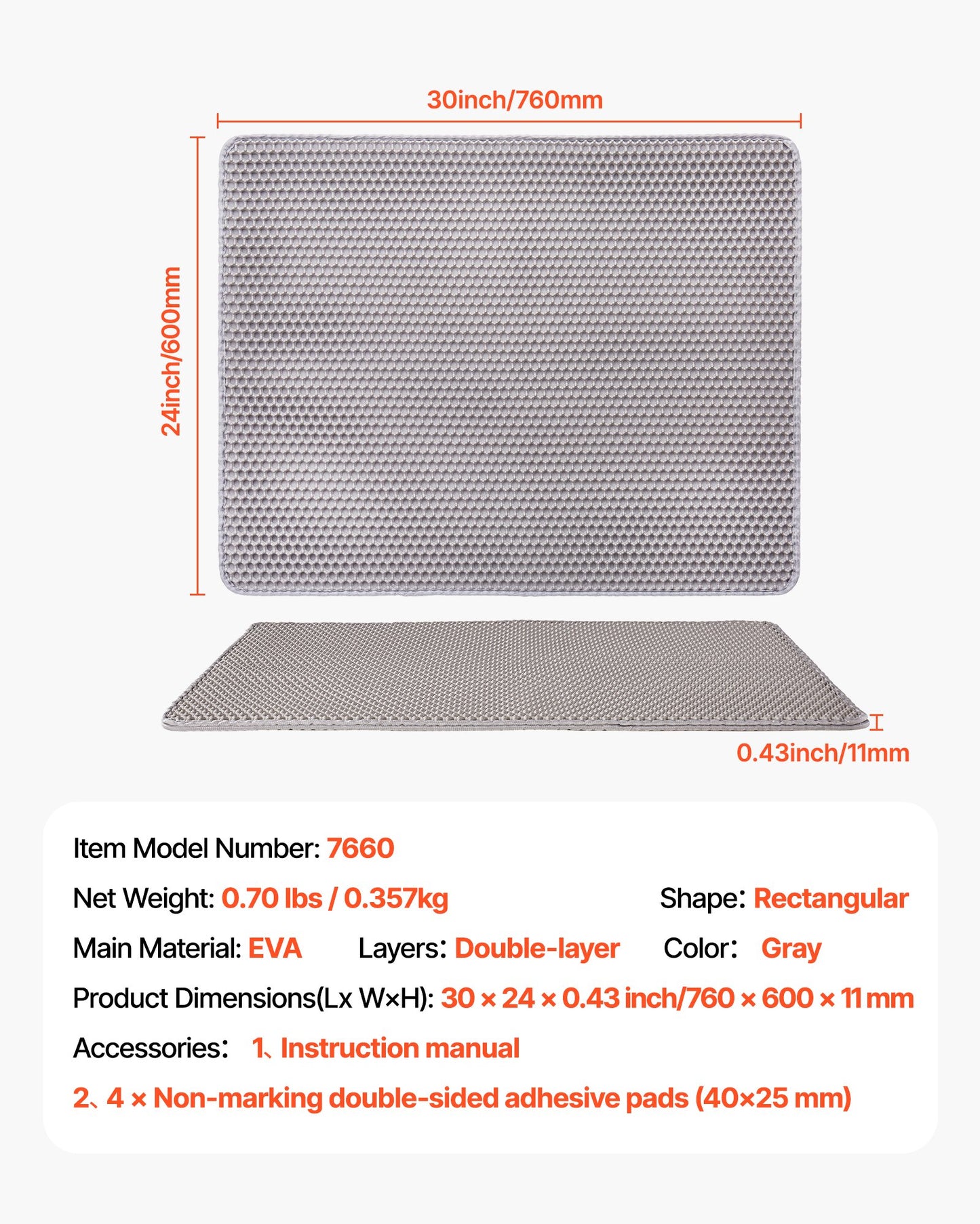 Double-Layer Honeycomb Cat Litter Trapping Mat (30" × 24") — Non-Slip, Urine-Proof Floor Protector