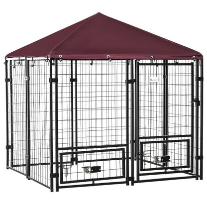 Outdoor Dog Kennel with Rotating Bowl Rack & Waterproof Cover — Secure Pet Run