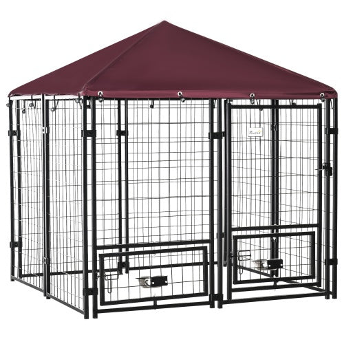 Outdoor Dog Kennel with Rotating Bowl Rack & Waterproof Cover — Secure Pet Run