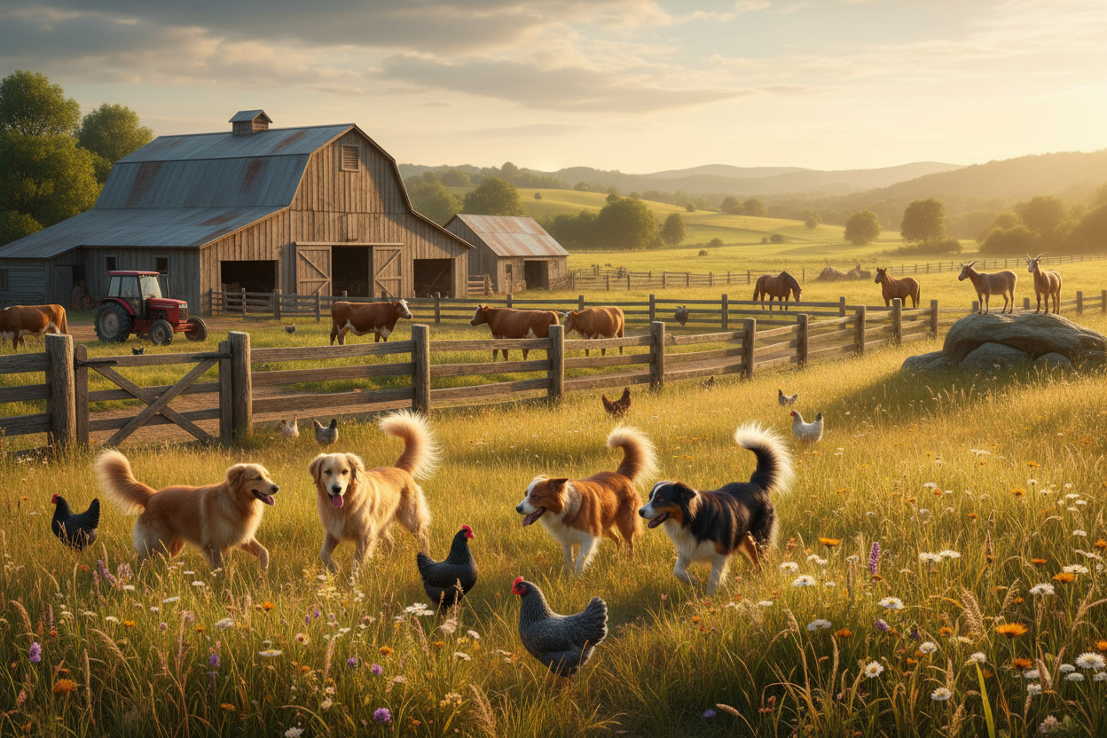 dogs on a fam with some farm animals in the background 