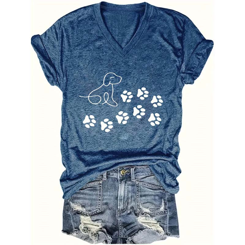 Women’s V-Neck Puppy Paw-Print Short Sleeve T-Shirt — Casual Summer Cotton Tee for Dog Lovers