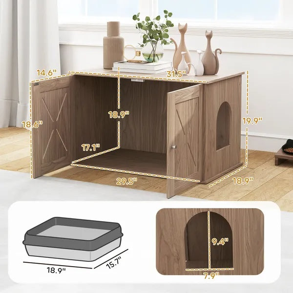 Hidden Cat Litter Box Enclosure with Ventilated Door — Indoor Cat Washroom House (Walnut)